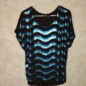New Directions Blue Sequin Dolman Sleeve Blouse
